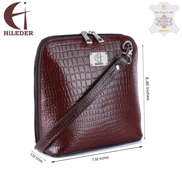 HiLEDER_Genuine_Leather_Crossbody_Sling_Messenger_Slim_Shoulder_Purse_Satchel_Textured_Bag_for_Women_&_Girl_With_Zipper_Closure_|_Medium_Size_|Brown
