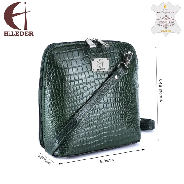 HiLEDER_Genuine_Leather_Crossbody_Sling_Messenger_Slim_Shoulder_Purse_Satchel_Textured_Bag_for_Women_&_Girl_With_Zipper_Closure_|_Medium_Size_|Green