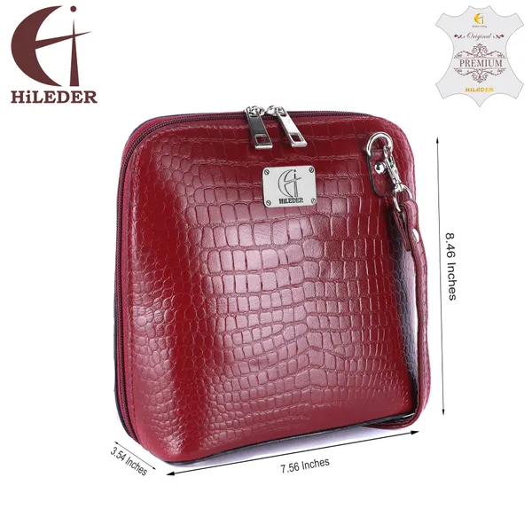 HiLEDER_Genuine_Leather_Crossbody_Sling_Messenger_Slim_Shoulder_Purse_Satchel_Textured_Bag_for_Women_&_Girl_With_Zipper_Closure_|_Medium_Size_|Maroon
