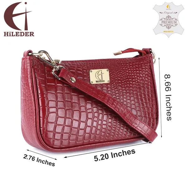 HiLEDER_Genuine_Leather_Crossbody_Sling_Messenger_Slim_Shoulder_Purse_Satchel_Textured_Bag_for_Women_&_Girl_With_Golden_Metallic_Zipper_Closure_|_Medium_Size_|Maroon