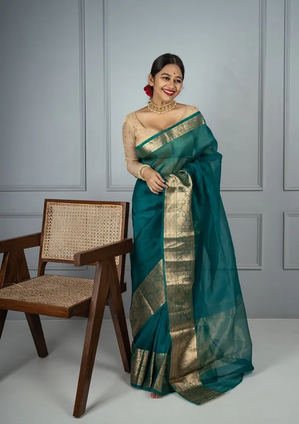 Buy Now! Lime Green Organza Silk Saree with Zari Border and Floral Motifs –  Boveee