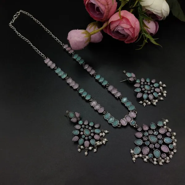 Oxidised_party_wear_Necklace_set_with_Earrings-Baby_pink_Mint