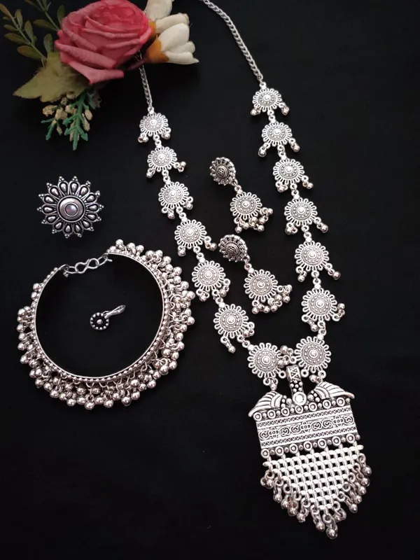 Oxidized_Long_Necklace_with_Nose_ring__,pair_of_Earrings,_Bracelet_and_finger_Ring