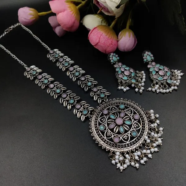 Round_shape_Designer_Oxidised_Long_Necklace_set_with_Earrings