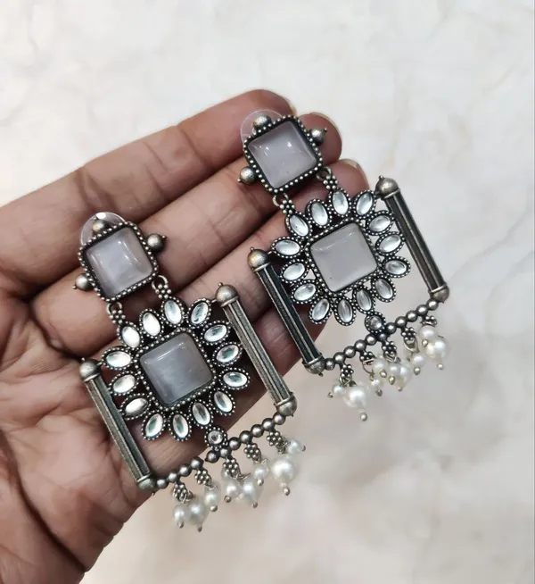 Silver_Replica_square_shape_oxidized_Monalisa_stone_Dangler_Earrings_for_women