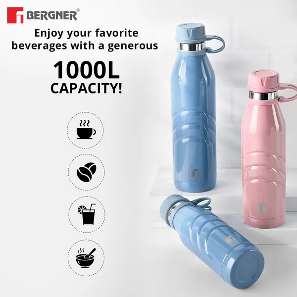 Bergner_Walking_1000_ml_Thermo_Steel_Bottle/Flask,_Hot/Cold,_Vacuum_Insulated,_For_Water/Coffee/Tea/Soup/Juice,_Use_in_Office/Commute/Sports/Travel,_Strapped_Screw_On_Top_Cap,_Pink/Flamingo,_Rust/Leak_Proof