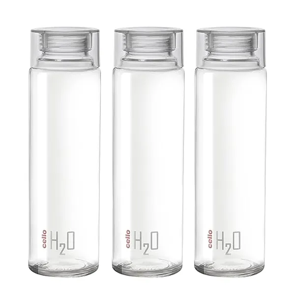 CELLO_H2O_Toughened_Glass_Fridge_Water_Bottle_with_Plastic_Cap,_920ml,_Set_of_3,_Clear