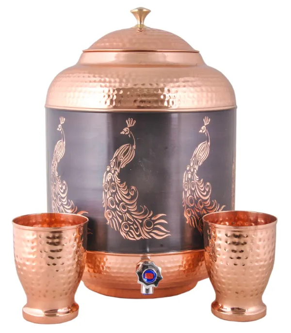 Copper_Water_Dispenser_Pot_Container_Matka_Antique_Peacock_Engraving_with_2_Copper_Glass_for_Water_Storing_Purpose_at_Home_and_Offices_Volume-14_L_(Pack_of_1_Pot+2_Copper_Glass)
