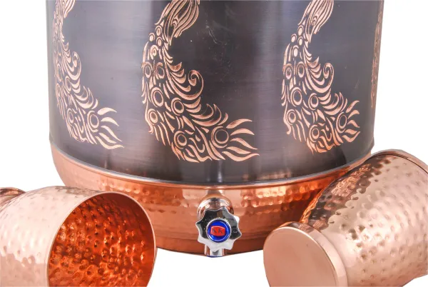 Copper_Water_Dispenser_Pot_Container_Matka_Antique_Peacock_Engraving_with_2_Copper_Glass_for_Water_Storing_Purpose_at_Home_and_Offices_Volume-14_L_(Pack_of_1_Pot+2_Copper_Glass)