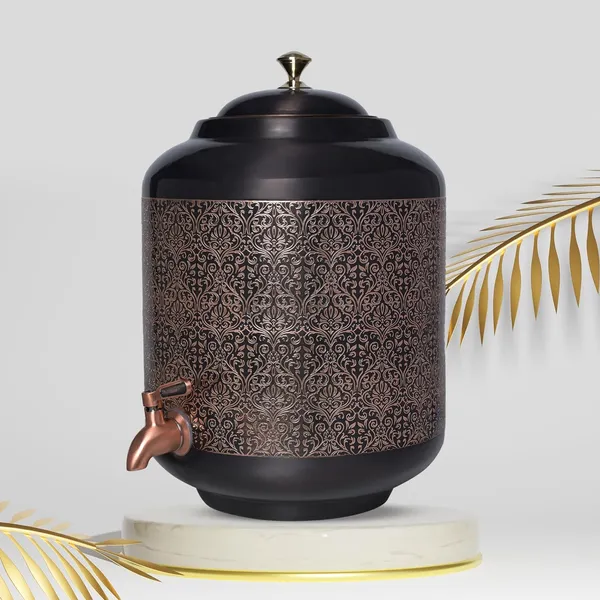 Decorative_India_Copper_Carving_Water_Dispenser_Matka_Vessels_Container_Pot_with_Stainless_Steel_Tap_11_Litre_Ayurvedic_Health_Benefits_Yoga_(Black_Antique_Glossy_Finsh)