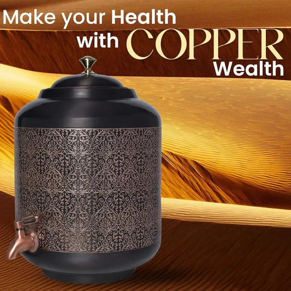 Decorative_India_Copper_Carving_Water_Dispenser_Matka_Vessels_Container_Pot_with_Stainless_Steel_Tap_11_Litre_Ayurvedic_Health_Benefits_Yoga_(Black_Antique_Glossy_Finsh)