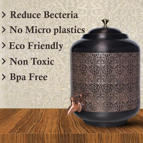 Decorative_India_Copper_Carving_Water_Dispenser_Matka_Vessels_Container_Pot_with_Stainless_Steel_Tap_11_Litre_Ayurvedic_Health_Benefits_Yoga_(Black_Antique_Glossy_Finsh)