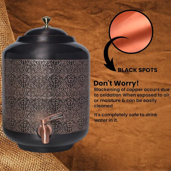 Decorative_India_Copper_Carving_Water_Dispenser_Matka_Vessels_Container_Pot_with_Stainless_Steel_Tap_11_Litre_Ayurvedic_Health_Benefits_Yoga_(Black_Antique_Glossy_Finsh)