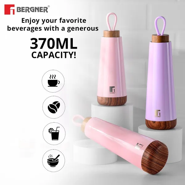 Bergner_Walking_370_ml_Thermo_Steel_Bottle/Flask,_Hot/Cold,_Vacuum_Insulated,_For_Water/Coffee/Tea/Soup/Juice,_Use_in_Office/Commute/Sports/Travel,_Wooden_Cap_Screw_On_Lid,_Metallic_Purple/Lilac,_Rust/Leak_Proof
