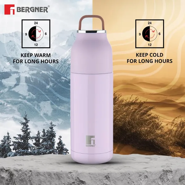Bergner_Walking_350_ml_Thermo_Steel_Bottle/Flask,_Hot/Cold,_Vacuum_Insulated,_For_Water/Coffee/Tea/Soup/Juice,_Use_in_Office/Commute/Sports/Travel,_Press_Button_Lid_with_Cap,_Purple/Lilac,_Rust/Leak_Proof
