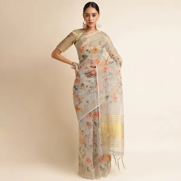 Grey_kora_linen_printed_banarasi_saree_with_blouse_piece_attached