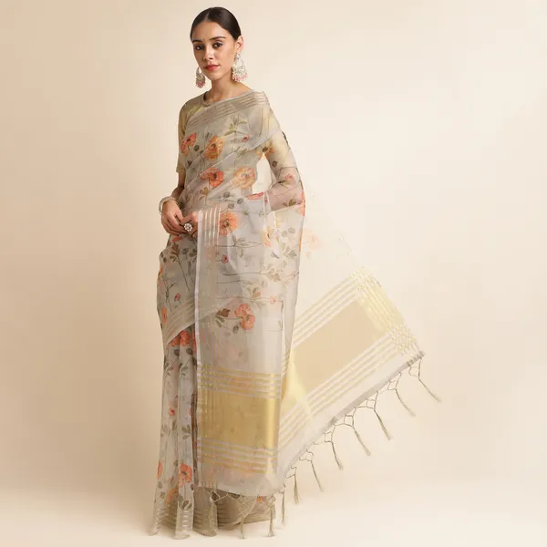 Grey_kora_linen_printed_banarasi_saree_with_blouse_piece_attached