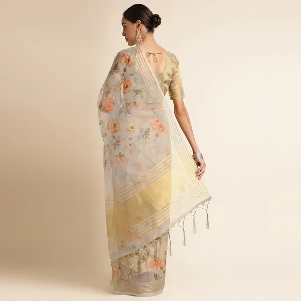 Grey_kora_linen_printed_banarasi_saree_with_blouse_piece_attached