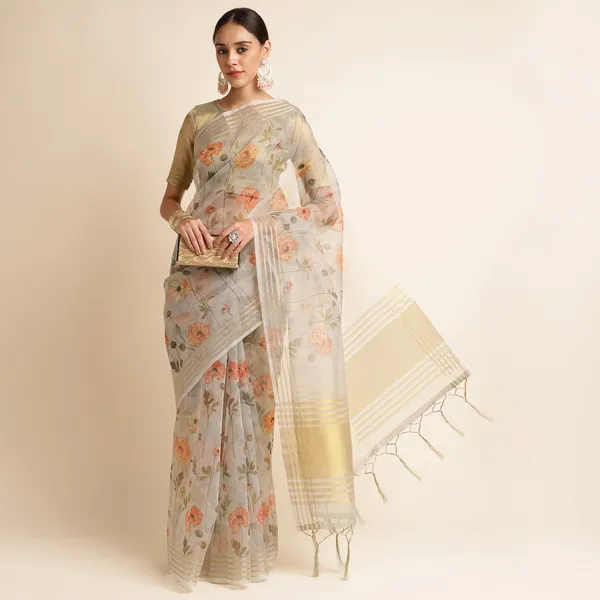 Grey_kora_linen_printed_banarasi_saree_with_blouse_piece_attached