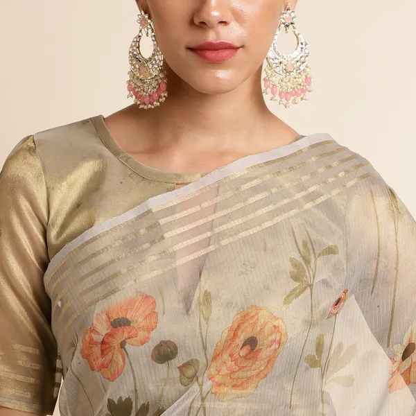 Grey_kora_linen_printed_banarasi_saree_with_blouse_piece_attached