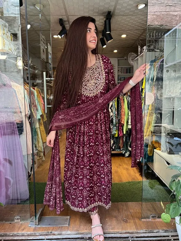 Gopi Prem Wine Soft Rayon Kurta and Pants with Dupatta Price in