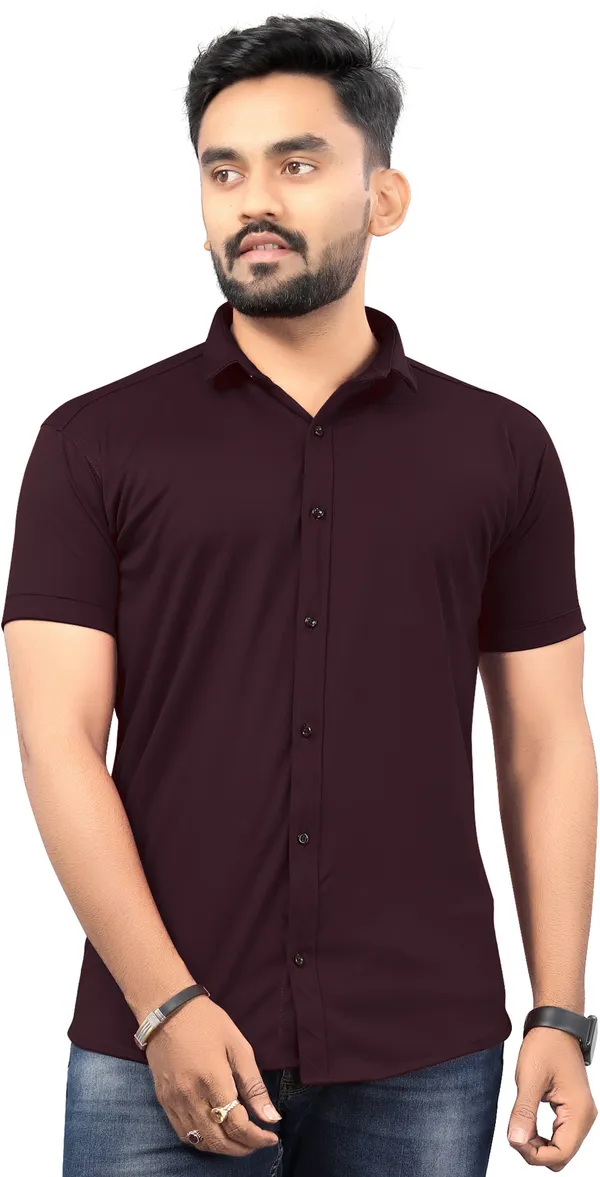 Wine_Lycra_Blend_Solid_Half_Sleeve_Casual_Wear_Shirt