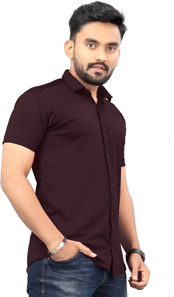 Wine_Lycra_Blend_Solid_Half_Sleeve_Casual_Wear_Shirt