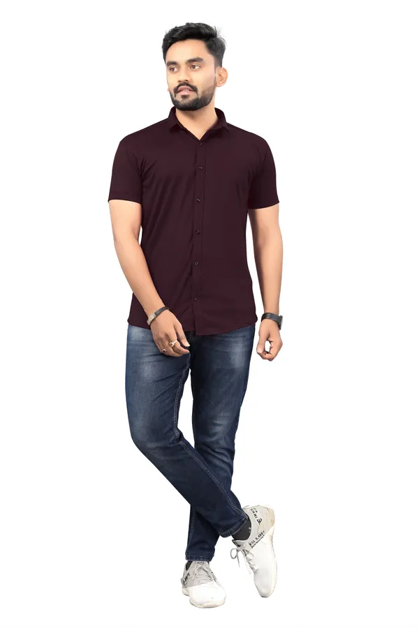 Wine_Lycra_Blend_Solid_Half_Sleeve_Casual_Wear_Shirt