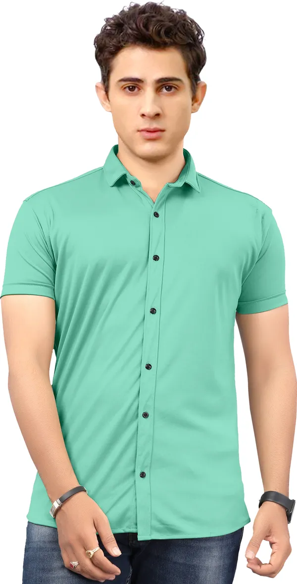 Light_Green_Lycra_Blend_Solid_Short_Sleeve_Casual_Wear_Shirt
