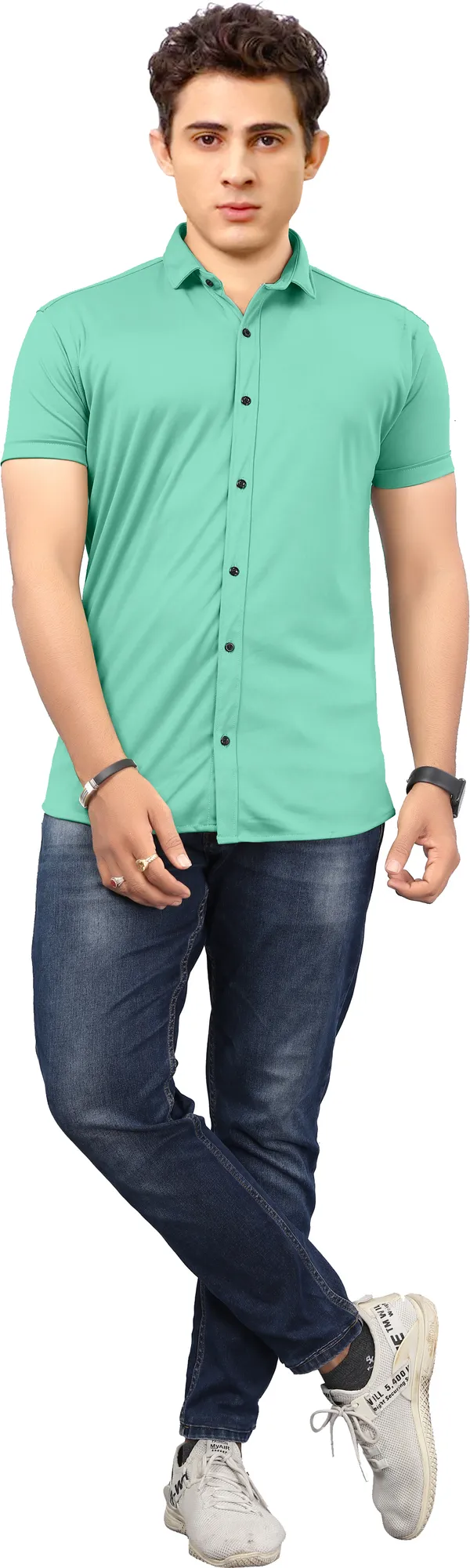 Light_Green_Lycra_Blend_Solid_Short_Sleeve_Casual_Wear_Shirt