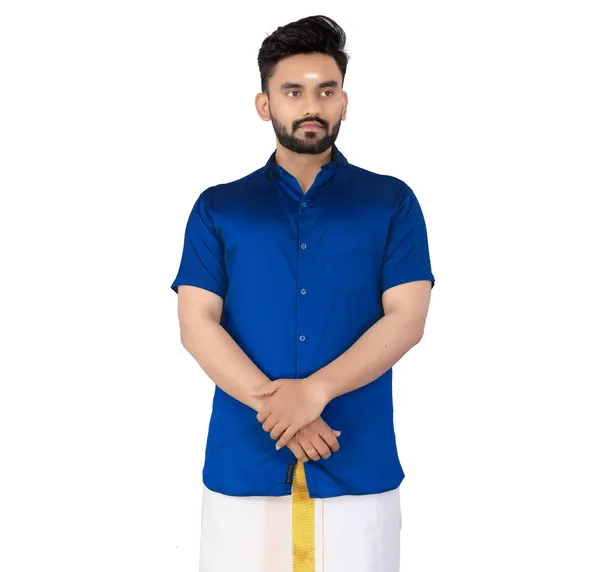 Blue_Silk_Blend_Solid_Short_Sleeve_Casual_Wear_Shirt