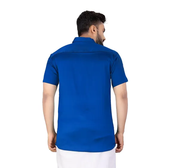 Blue_Silk_Blend_Solid_Short_Sleeve_Casual_Wear_Shirt