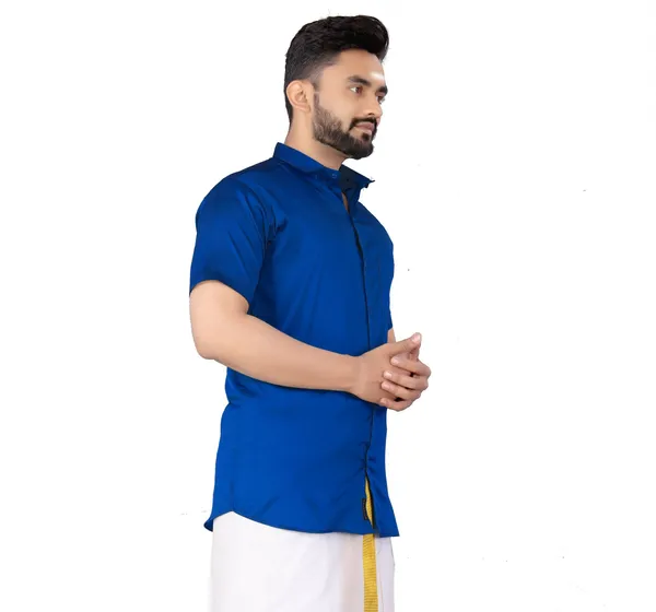 Blue_Silk_Blend_Solid_Short_Sleeve_Casual_Wear_Shirt