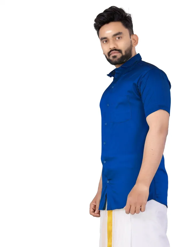 Blue_Silk_Blend_Solid_Short_Sleeve_Casual_Wear_Shirt