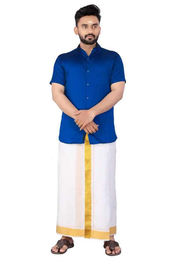 Blue_Silk_Blend_Solid_Short_Sleeve_Casual_Wear_Shirt