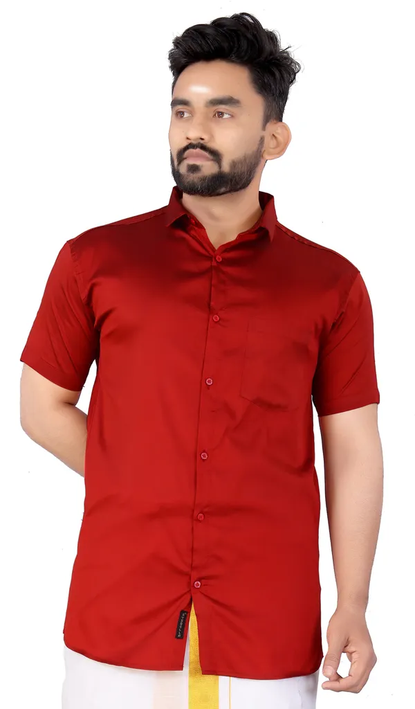 Red_Silk_Blend_Solid_Short_Sleeve_Casual_Wear_Shirt