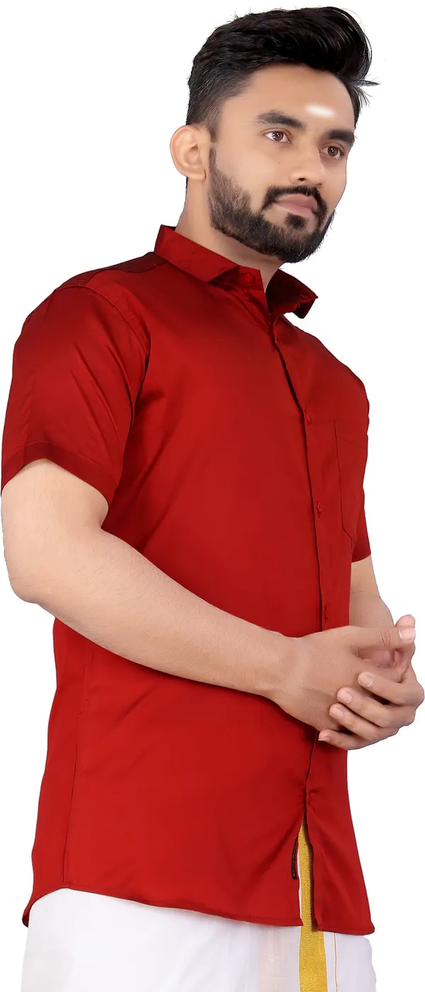 Red_Silk_Blend_Solid_Short_Sleeve_Casual_Wear_Shirt