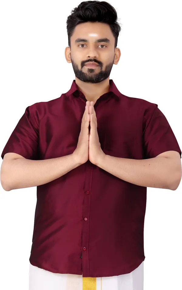 Maroon_Silk_Blend_Solid_Half_Sleeve_Casual_Wear_Shirt