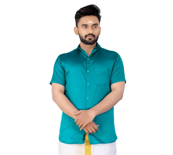 Light_Blue_Silk_Blend_Solid_Short_Sleeve_Casual_Wear_Shirt