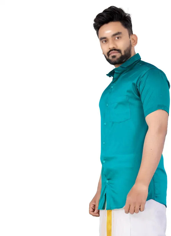 Light_Blue_Silk_Blend_Solid_Short_Sleeve_Casual_Wear_Shirt