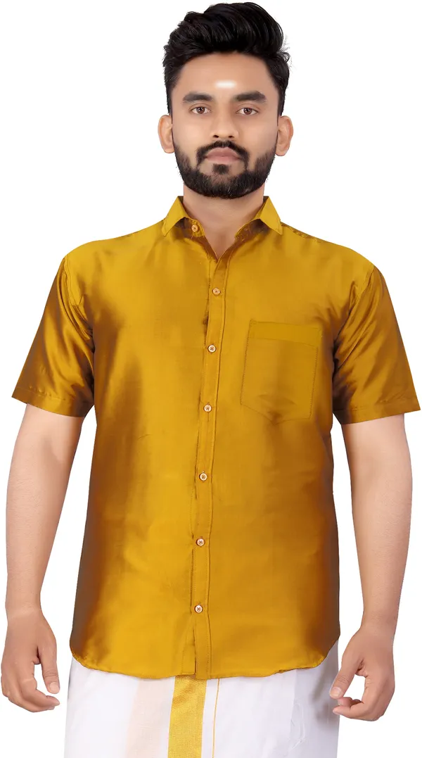 Yellow_Silk_Blend_Solid_Short_Sleeve_Casual_Wear_Shirt