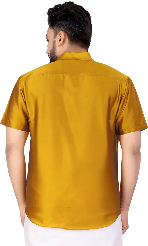 Yellow_Silk_Blend_Solid_Short_Sleeve_Casual_Wear_Shirt