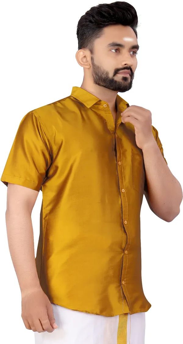 Yellow_Silk_Blend_Solid_Short_Sleeve_Casual_Wear_Shirt
