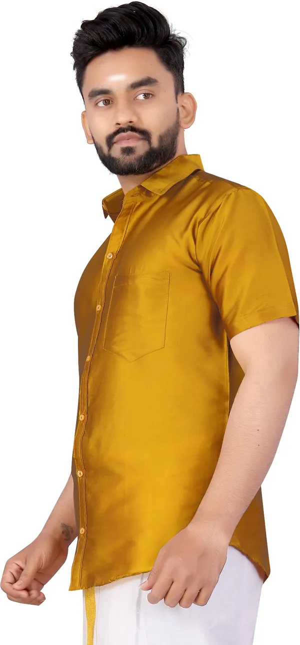Yellow_Silk_Blend_Solid_Short_Sleeve_Casual_Wear_Shirt