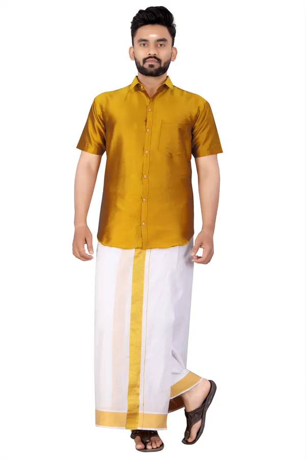 Yellow_Silk_Blend_Solid_Short_Sleeve_Casual_Wear_Shirt