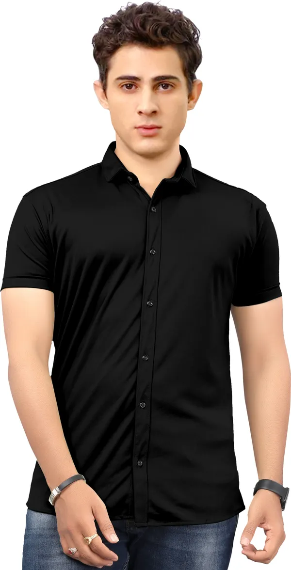 Black_Lycra_Blend_Solid_Half_Sleeve_Casual_Wear_Shirt