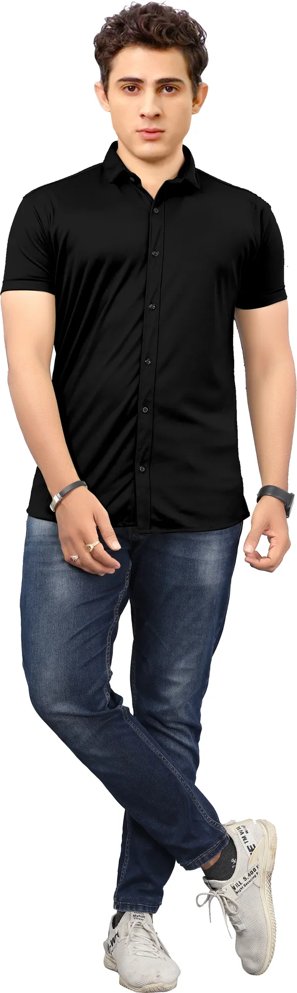 Black_Lycra_Blend_Solid_Half_Sleeve_Casual_Wear_Shirt