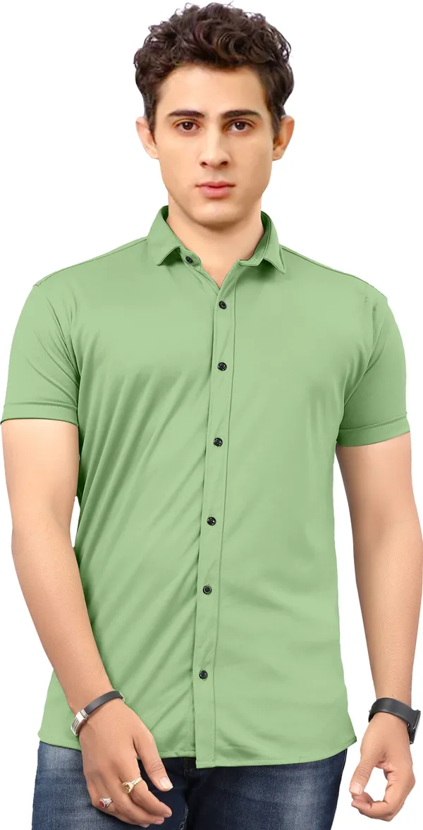 Green_Lycra_Blend_Solid_Short_Sleeve_Casual_Wear_Shirt