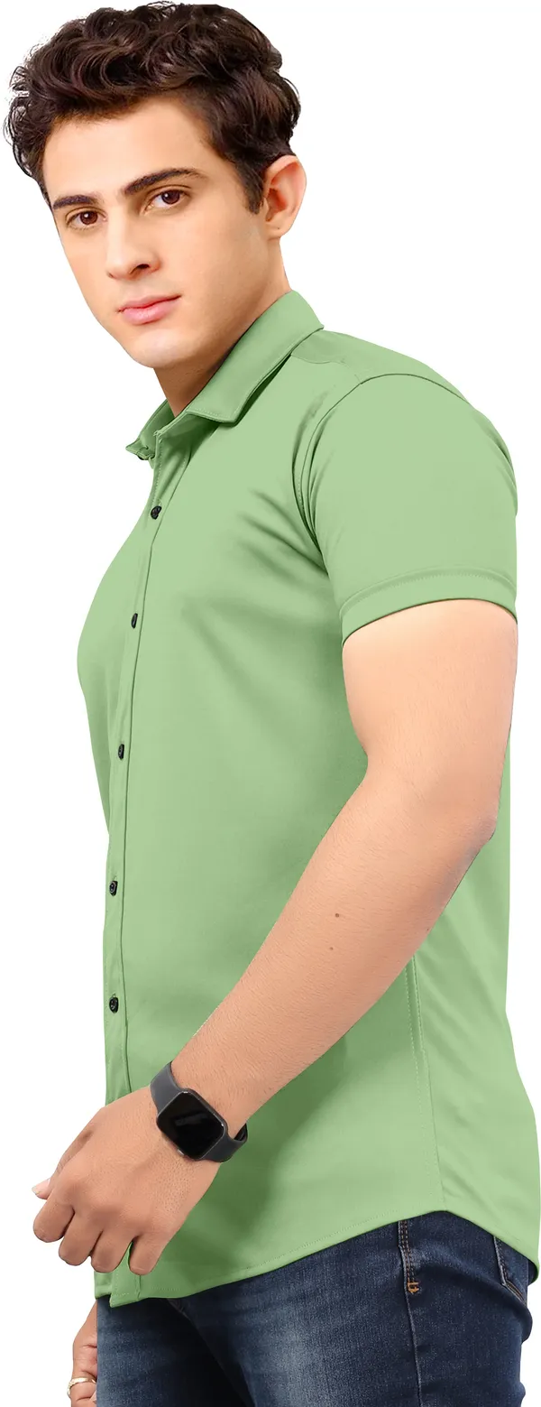 Green_Lycra_Blend_Solid_Short_Sleeve_Casual_Wear_Shirt