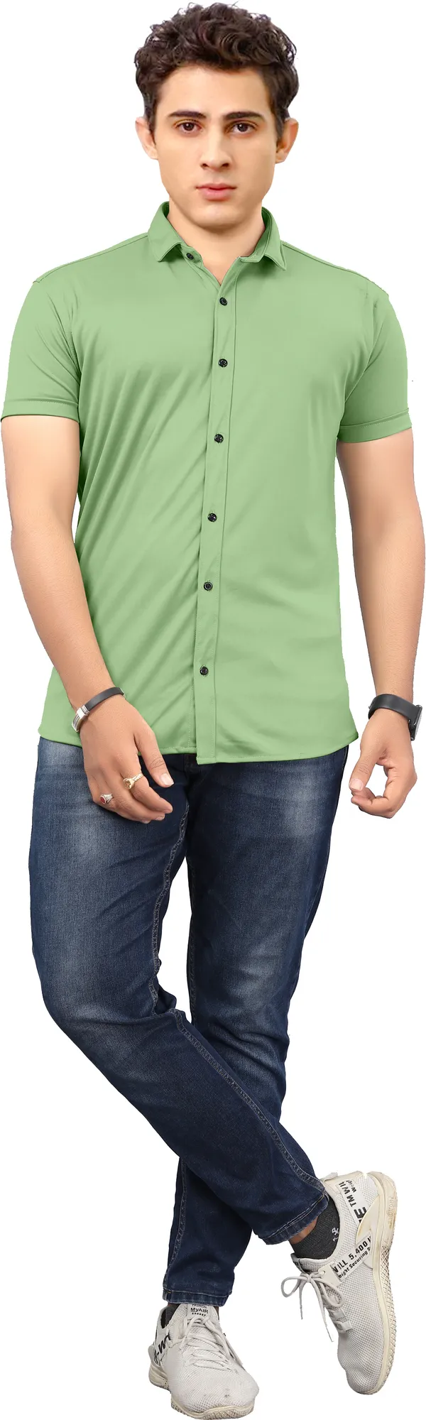 Green_Lycra_Blend_Solid_Short_Sleeve_Casual_Wear_Shirt